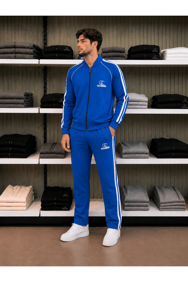 Men's Summer/Seasonal 2 Thread Combed Cotton Fabric Wide Leg Sax Blue Tracksuit Set
