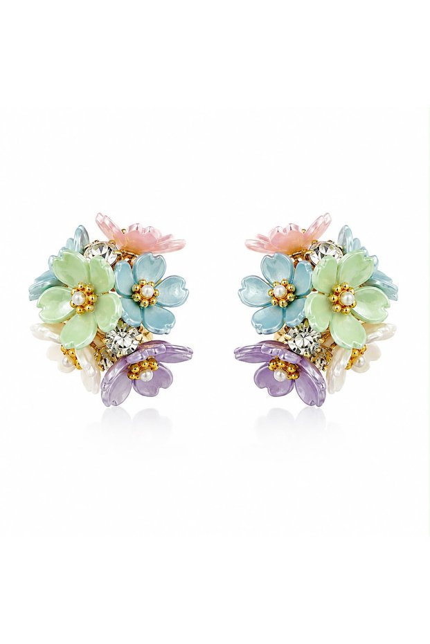 Pastel Flower Garden Premium Gold-Tone Crystal Stone Statement Earrings Pair ✨ 🌸