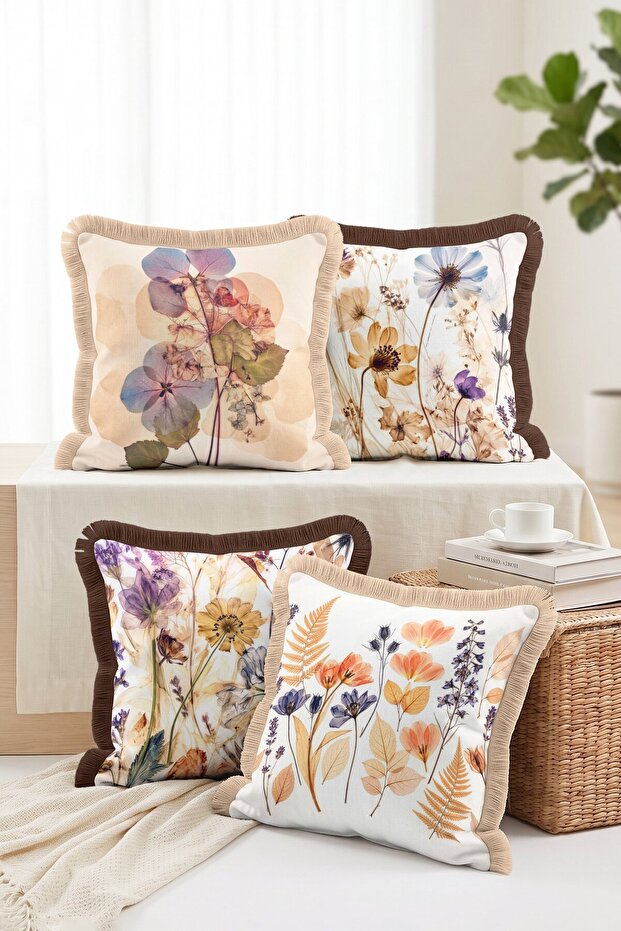 Set of 4 Fringed Throw Pillow Covers with Dried Botanical Wildflower Pattern
