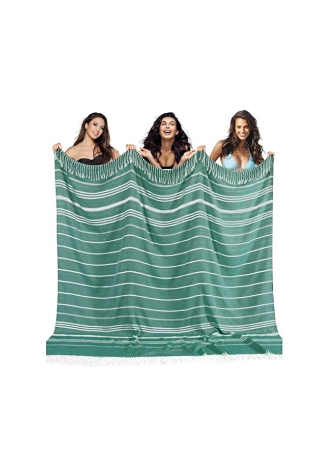 Turkish Beach Blanket, Large Striped Cotton Throw, Green and White, Multi-Purpose for Beach, Camping, Picnic