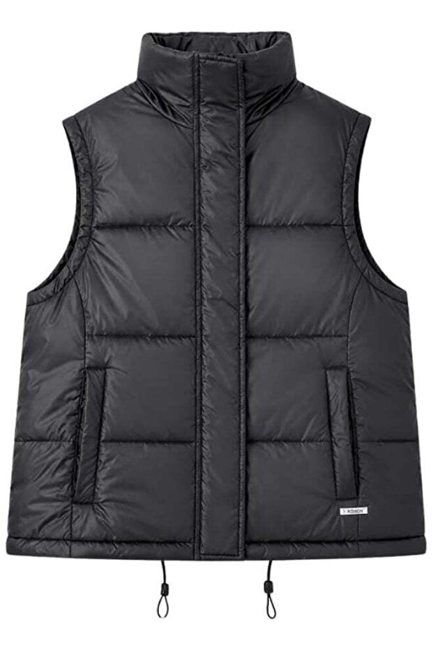 Women’s Quilted Puffer Vest Size XXL – Black Sleeveless Winter Jacket with Stand Collar, Zip & Snap Closure, Drawstring Hem & Side Pockets