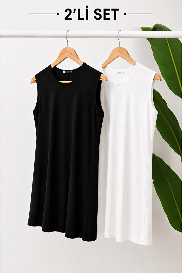 Women's Black and White Set of 2 Zero Sleeve Combed Cotton Underwear Tunics