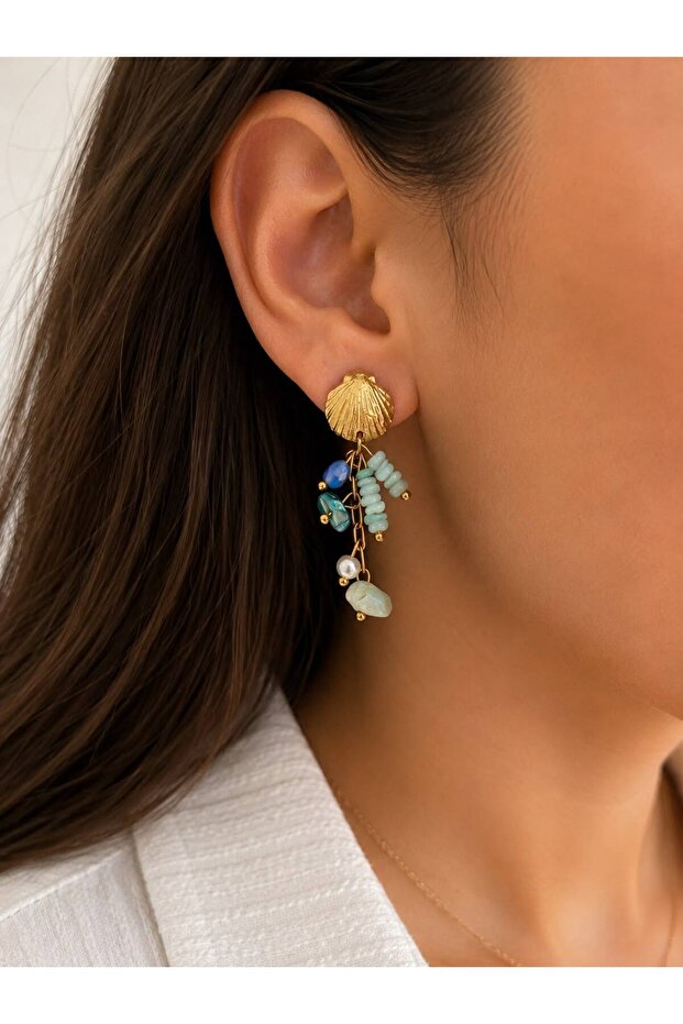 Stone Detailed Sea Shell Steel Earrings