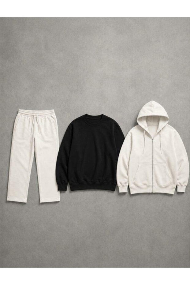 Unisex Design White Straight-Leg Baggy Sweatpants Black Crew-Neck Sweatshirt White Zip-Up Cardigan 3-Piece Set