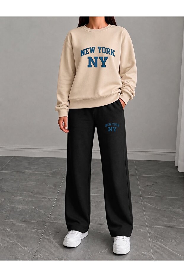New York Ny Printed Women's Cropped Crewneck Bottom/Upper Track Suit Set