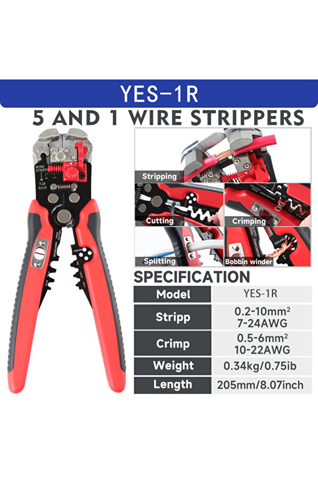 8 YES-1R 3 In 1 Automatic 8 Inch Self-adjusting Wire Stripping Tool, Wire Stripper 24-10 AWG (0.2-6