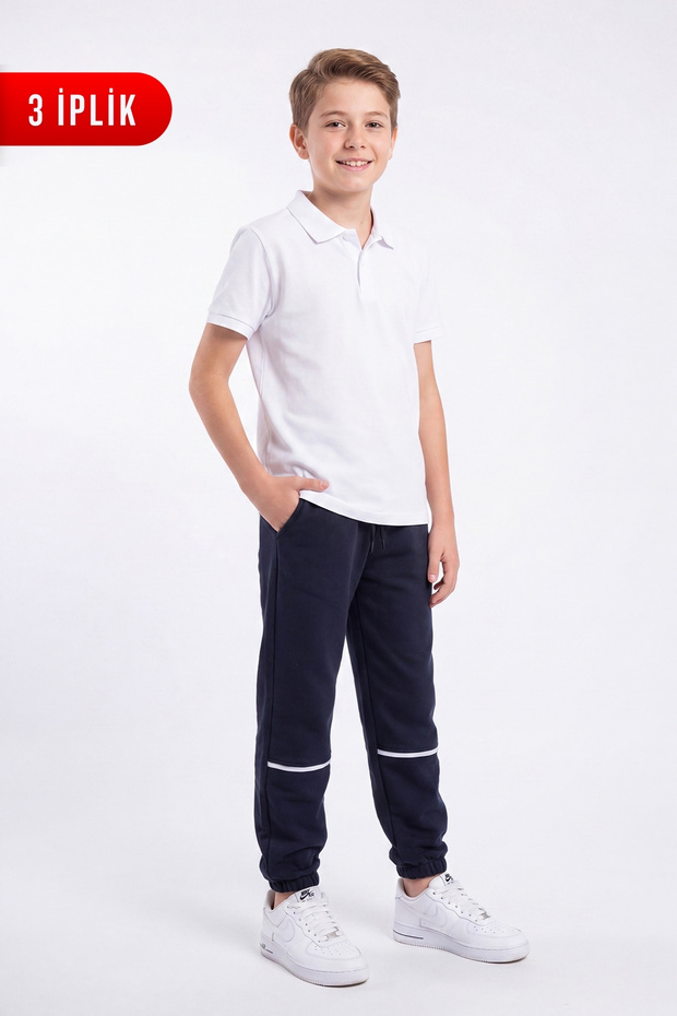 Boys' 3-Thread Stripe Knee Detailed Double Pocket Lace-Up Sweatpants