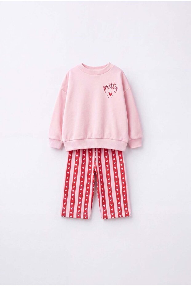Girl's Cotton Pink Sweatshirt and Red Heart Patterned Striped Tracksuit Set
