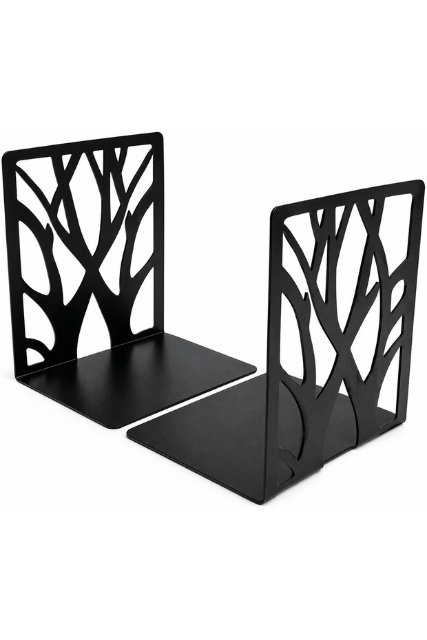 Modern Tree Patterned Metal Book Holder Set - Tabletop Book Anti-Slip Stand Set of 2 Black