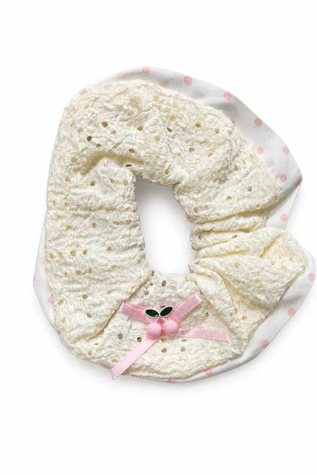 Stylish and Cute Cream Color Ruffled Cherry Detailed Polka Dot Hair Elastic Band Buckle Women's Children's