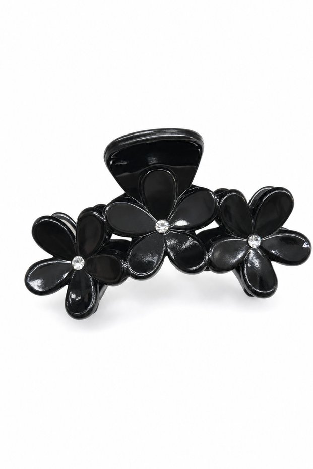 Stylish Black Floral Motif Stone Detailed Shiny Hair Clip