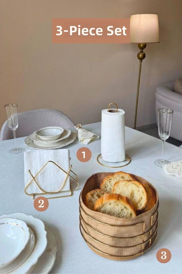 Set of 3 Shiny Gold Triangle Napkin Holder Upright Paper Towel Holder Round Bread Basket Kitchen Set