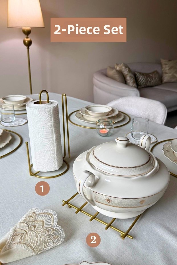 Set of 2 Matte Gold Upright Paper Towel Holders with Stands and Trivets Kitchen Set