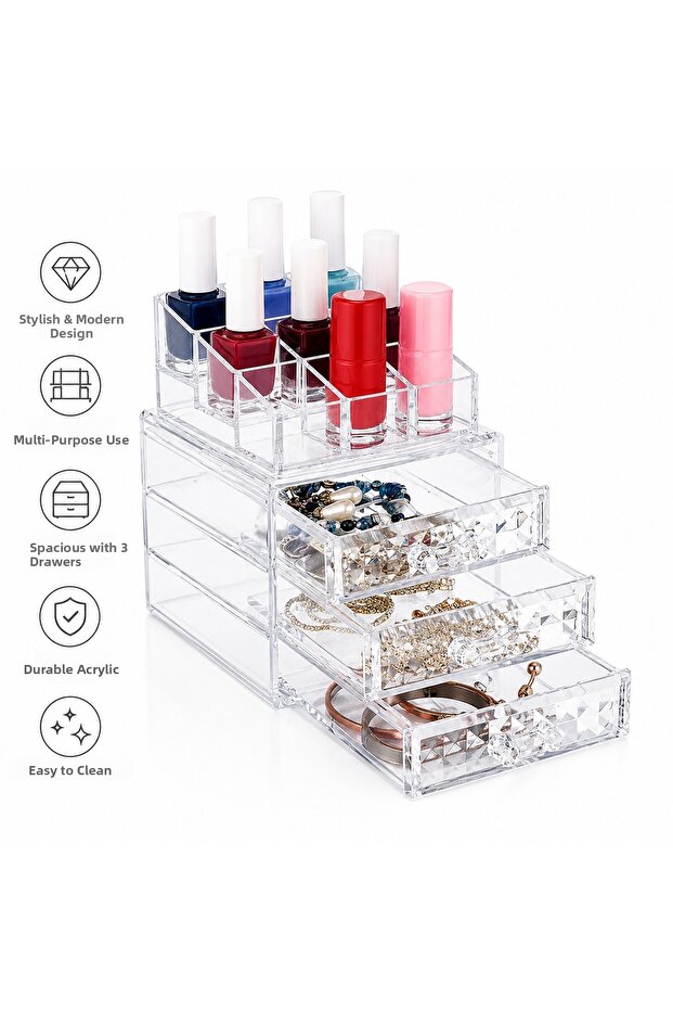 Diamond 3 Drawer Jewelry and Makeup Organizer Transparent Cosmetic Organizer