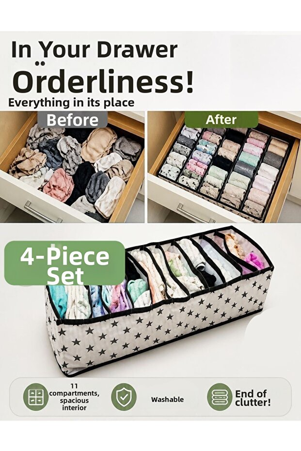 Set of 4 11-Compartment Drawer Accordion Organizer for Socks and Underwear Organizer m 40X16X12 cm
