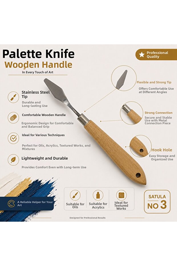 Metal Spatula with Wooden Handle for Oil Paint and Acrylic Paint No:3