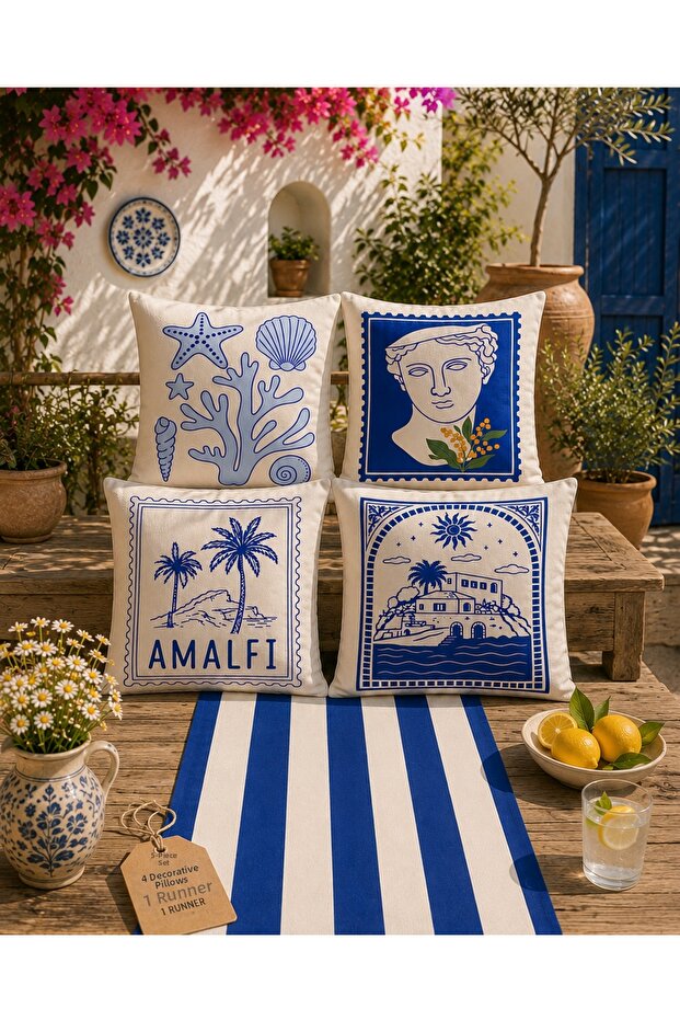 Blue and White Mediterranean Patterned 4-Piece Throw Pillow Cover and Runner Set Decorative Living Room Set