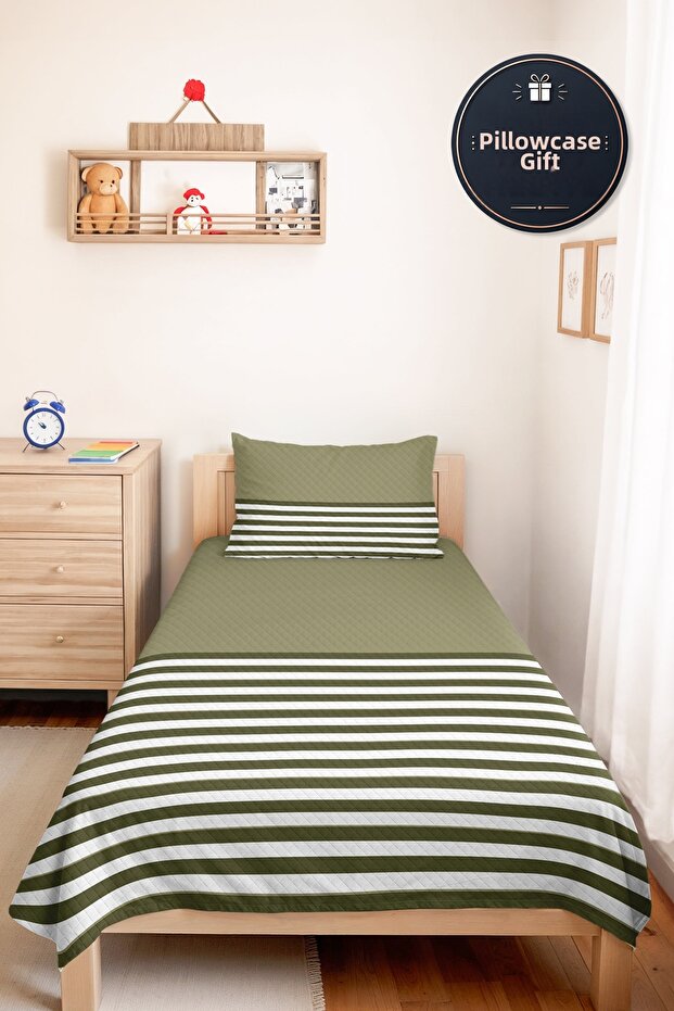 Striped Green Bohemian Single Pique Set - White Khaki Geometric 160X220 cm Seasonal Bedspread