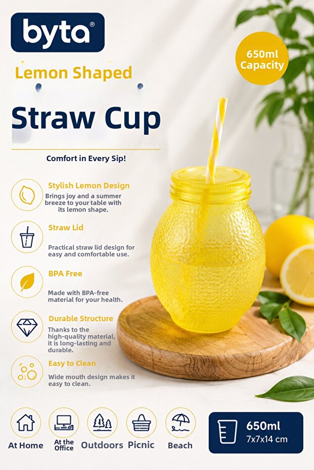 650 ml Lemon Shaped Glass Cup with Straw and Lid Cold Drink Cup Bpa Free Reusable