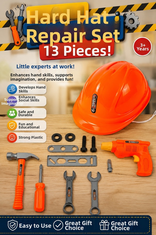 13-Piece Toy Repair Set with Helmet - Educational Master Set with Drill for Ages 3+