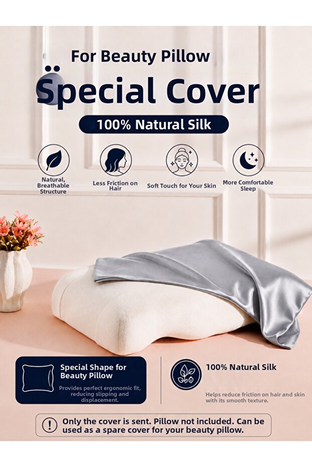 Silkworm Life Special for Beauty Pillow 100% Pure Mulberry Silk Replacement Pillowcase Ergonomic 55X35 cm - Silver