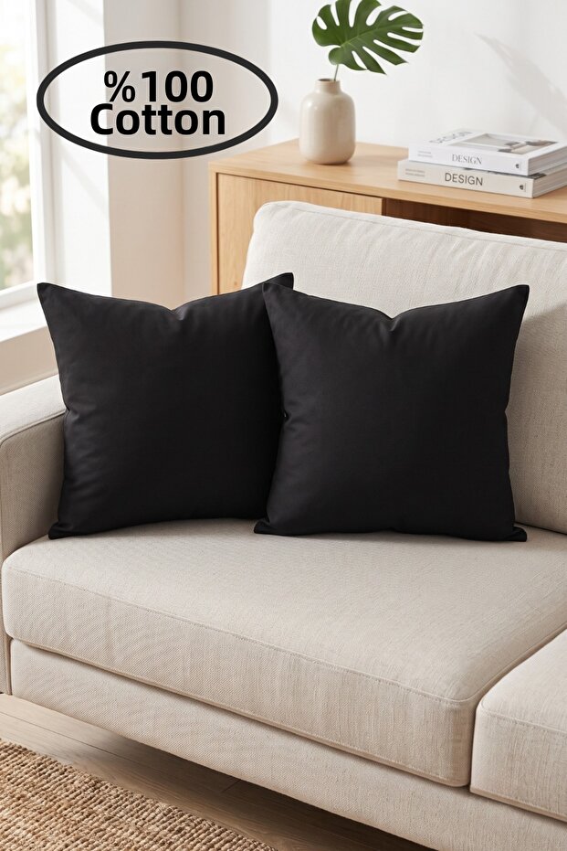 2 Pieces 100% Cotton Black Throw Pillow Covers Plain Decorative Throw Pillow Covers with Hidden Zipper 45X45 cm