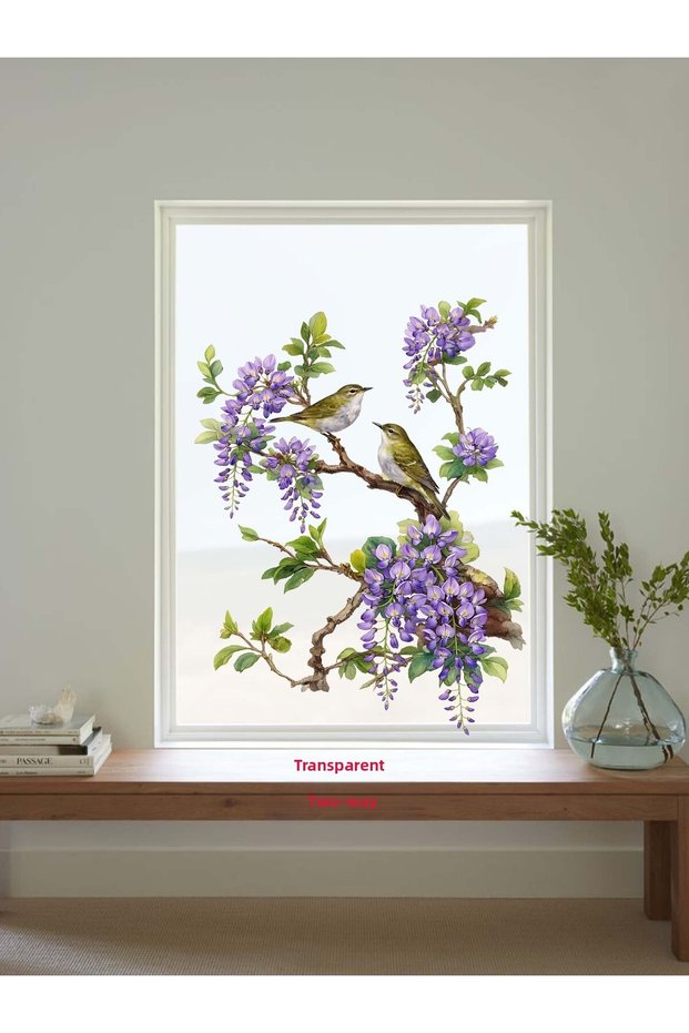 Double-Sided, Purple Cluster Flower and Birds, Glass, Wall Sticker, 49 X 65cm