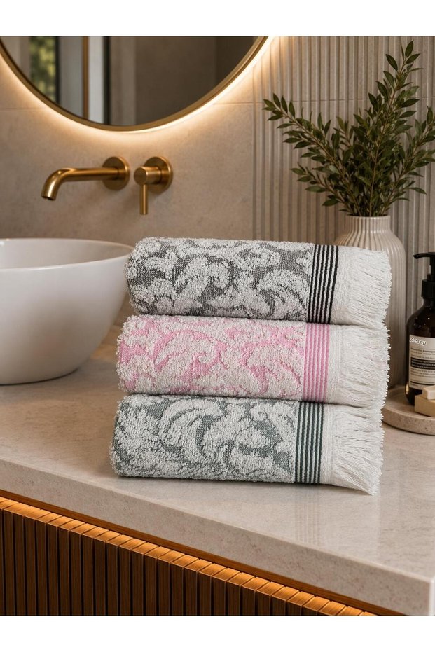 3 Pieces of Jacquard Cotton Hand and Face Towels Gray Burgundy Blue
