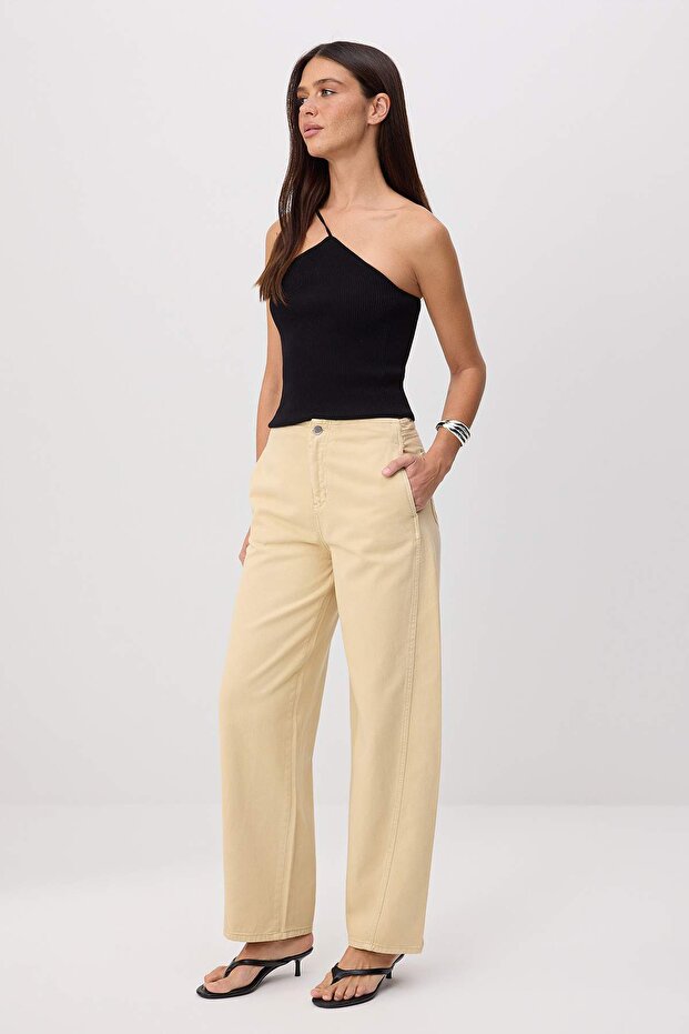 Camel Bel Detaylı Tencel Karışımlı Yüksek Bel Baggy Jeans
