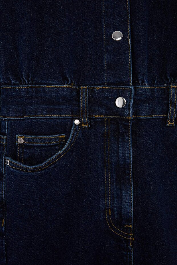 Limited Edition Koyu Mavi Uzun Kollu Geniş Paça Az Esnek Denim Tulum TWOSS26TU00002 - 4