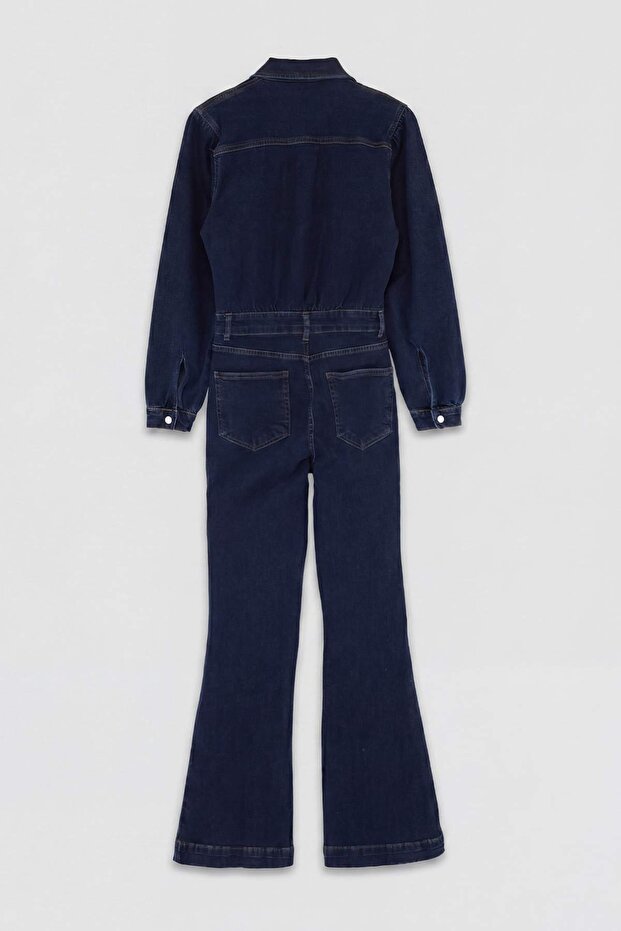 Limited Edition Koyu Mavi Uzun Kollu Geniş Paça Az Esnek Denim Tulum TWOSS26TU00002 - 5