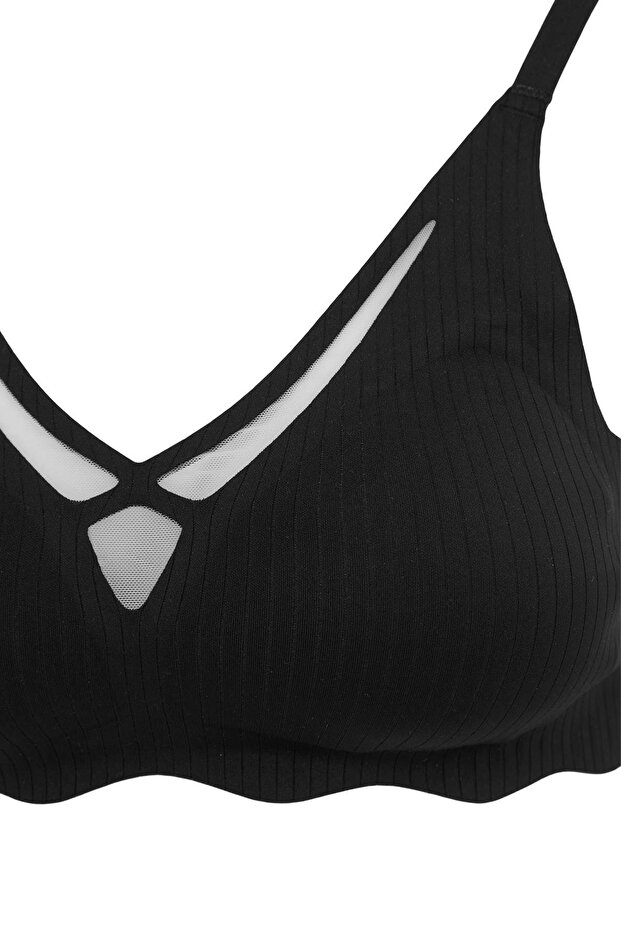 Siyah Micro Çizgili Tül Detaylı Kaplı Bralette Sütyen THMSS26SU00019 - 4