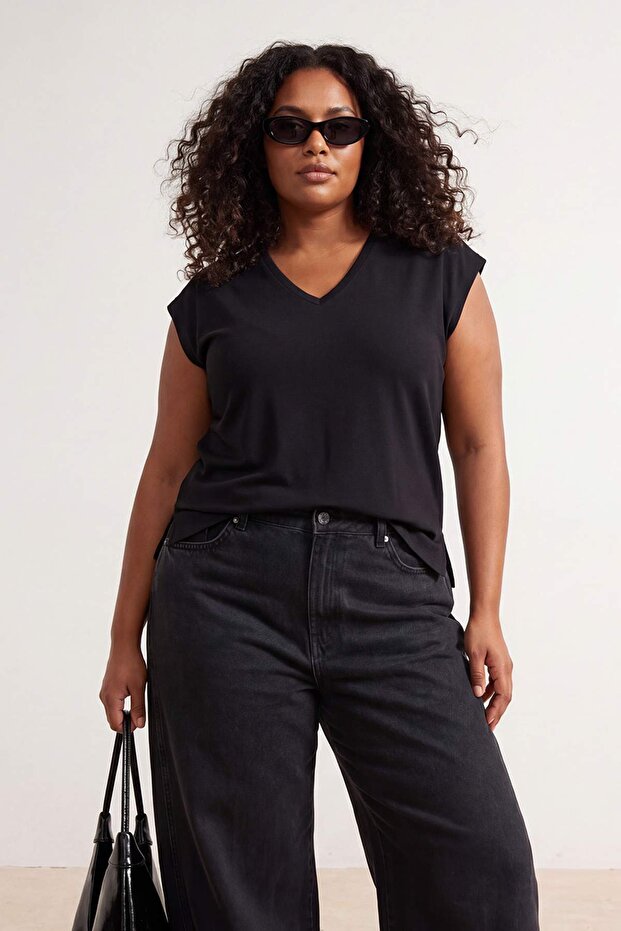 Siyah-Gri 2'li Paket Oversize Fit Basic Büyük Beden T-shirt TBBSS26BF00030 - 7