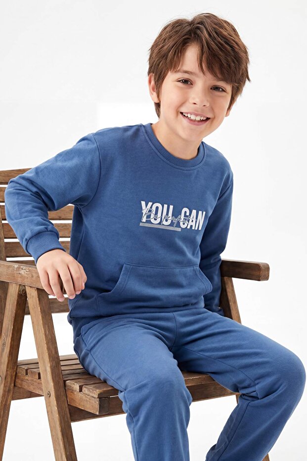 Indigo Slogan Baskılı Örme Erkek Çocuk Sweatshirt ve Eşofman Alt-Üst Takım TKDAW25AU00149 - 3
