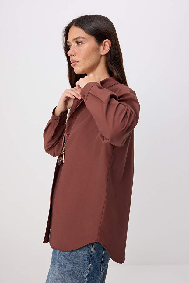 Kahverengi Loose Fit Pamuklu Dokuma Gömlek TWOAW20GO0107 - 2