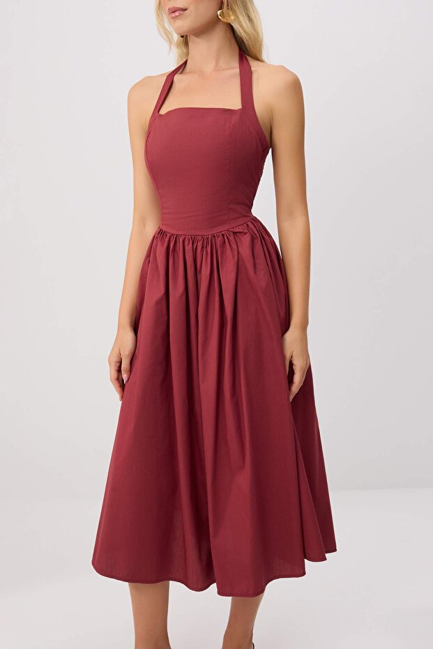 Bordo Boyundan Bağlı Poplin Maxi Dokuma Elbise TWOSS25EL00881 - 4