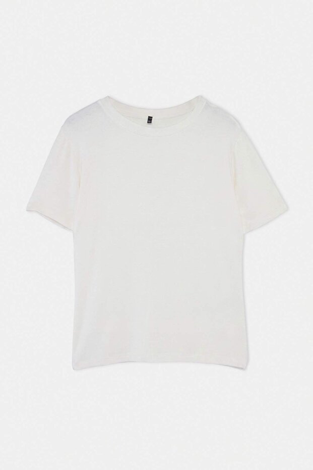 Ekru Fitted/Vücuda Oturan Kısa Kollu Pamuk Ribana Örme Büyük Beden T-Shirt TBBSS26BF00079 - 5