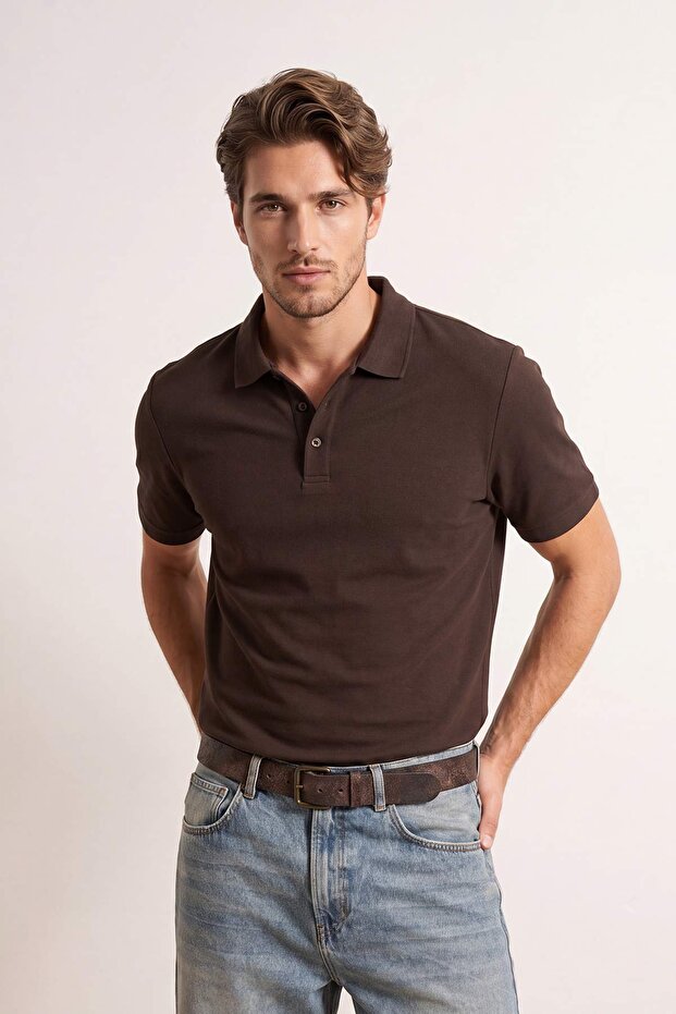 Kahverengi Regular/Normal Kesim Dokulu Polo Yaka T-shirt TMNSS26PO00047 - 2