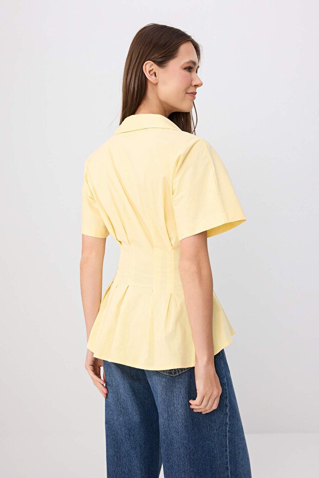 Sarı Pile Detaylı Bele Oturan Lycralı Poplin Pamuklu Gömlek TWOSS26GO00158 - 4
