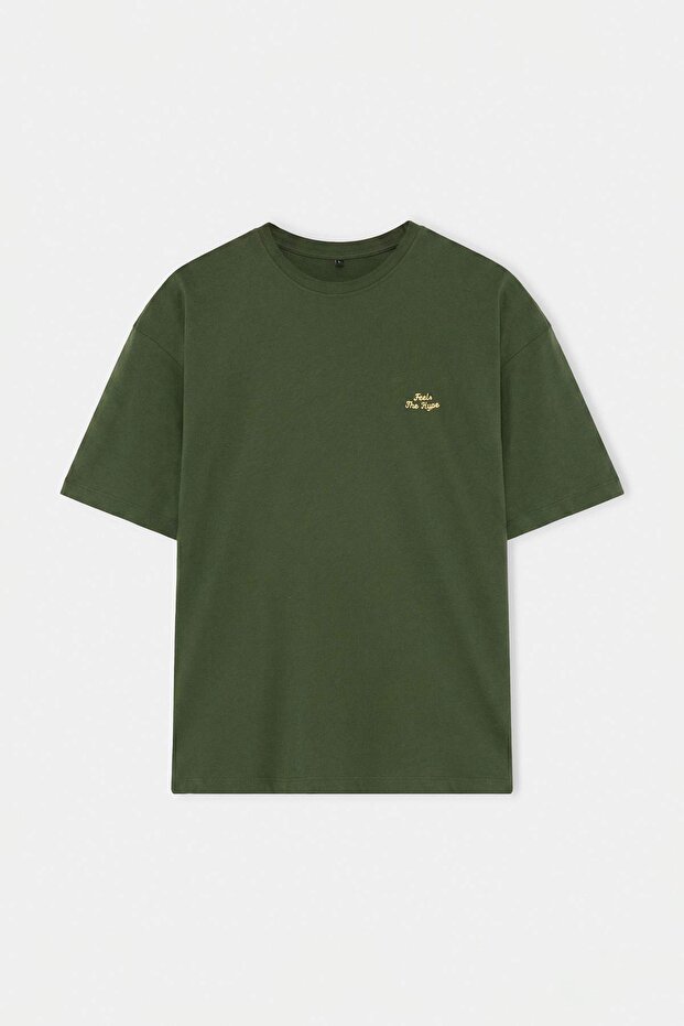 Haki Oversize/Geniş Kesim Slogan Nakışlı %100 Pamuk T-Shirt TMNSS26TS00055 - 4