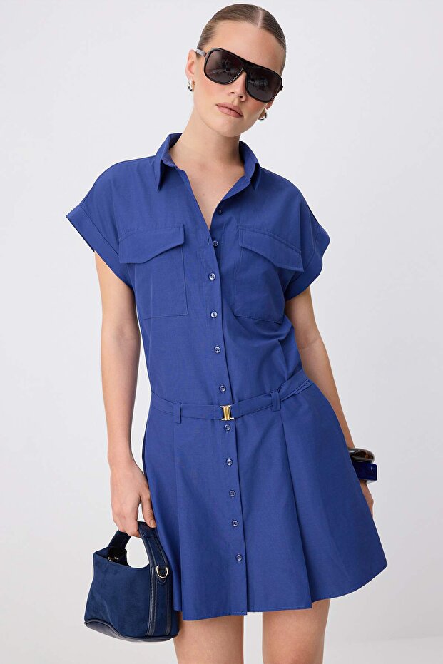 Navy Blue Belt Pack Short / Mini Woven Shirt Dress Twoss26El00517