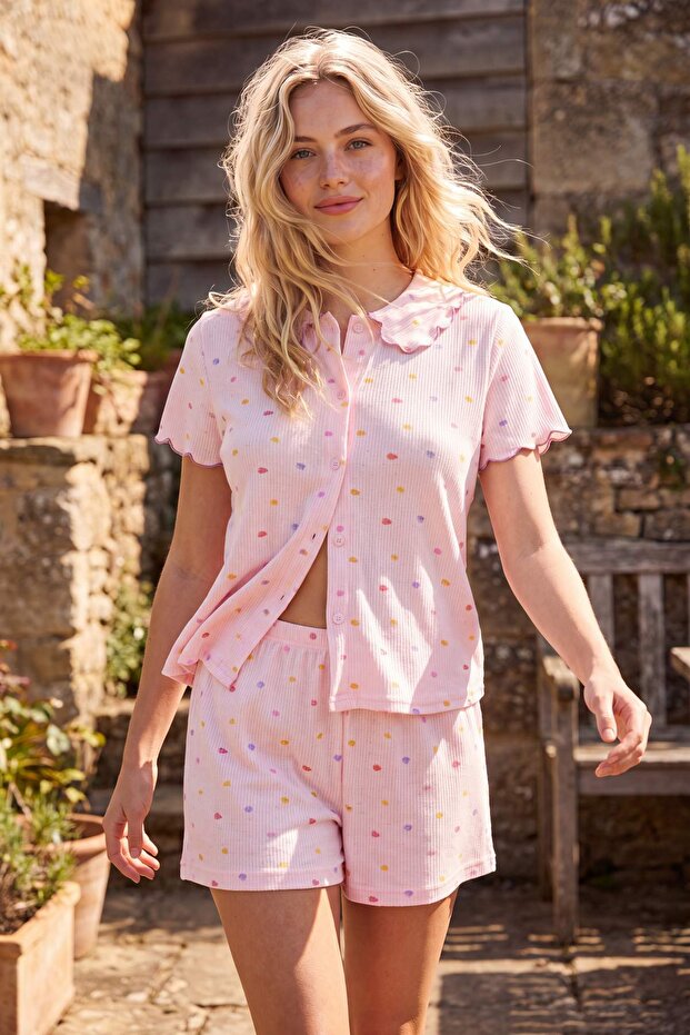 Pink Floral Patterned Collar Detailed Ribbed Knitted Pajama Set Thmss26Pt00225