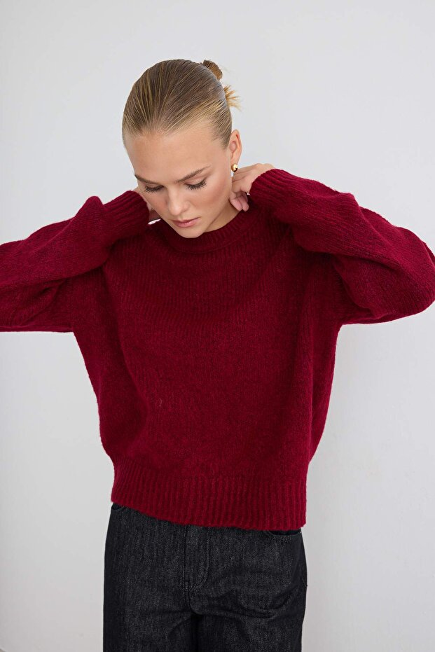 Bordo Geniş Kalıp Yumuşak Dokulu Basic Triko Kazak TWOAW23KZ00185 - 2