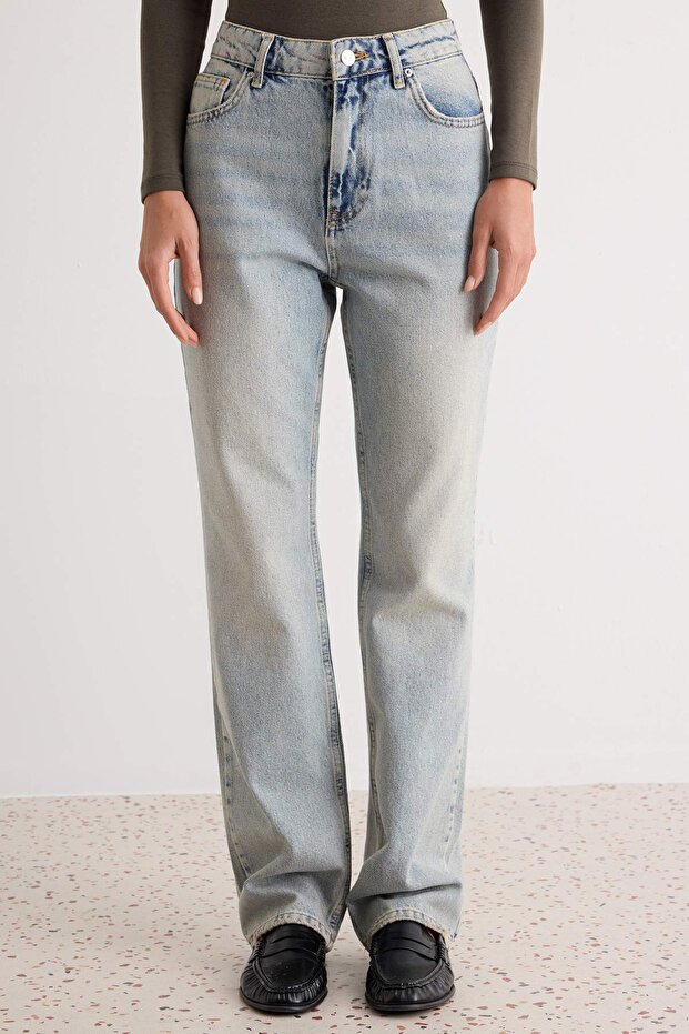 Açık Mavi Yüksek Bel Straight Düz Kesim %100 Pamuk Non-Stretch Jeans TWOSS25JE00084 - 3
