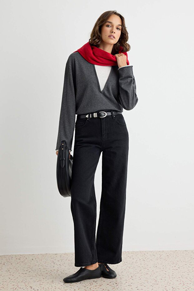 Siyah Az Esnek Yüksek Bel Straight Baggy Jeans TWOAW27JE00079