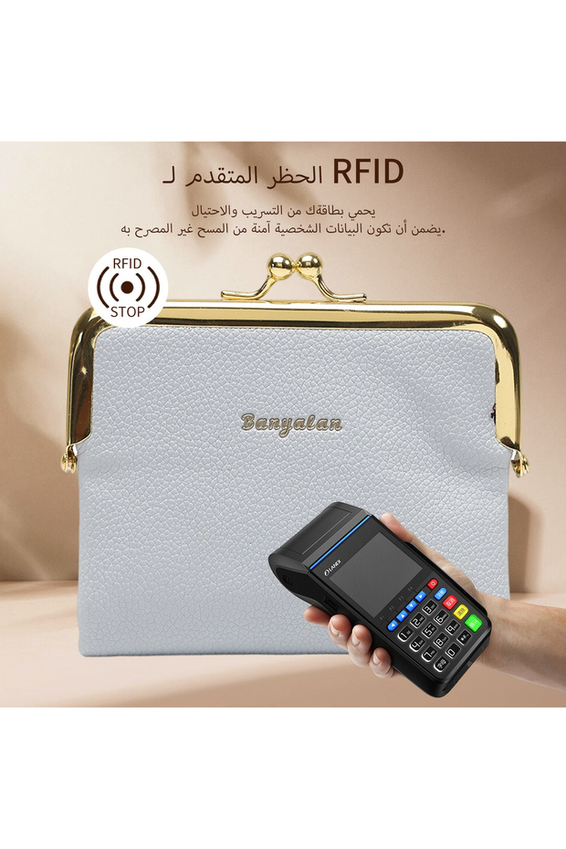 محفظة نسائية صغيرة بمشبك معدني، حافظة بطاقات RFID مضادة للسرقة، محفظة صغيرة بنقشة جلد الليتشي، مشبك معدني ذهبي، حقيبة محمولة لتخزين العملات المعدنية، حقيبة يد أنيقة، تصميم مضاد لسرقة البيانات الكهرومغناطيسية. - 6