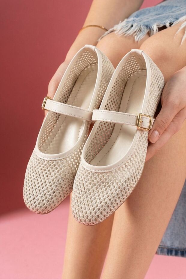 Avila Beige Knitwear Mesh Gold Buckle Belted Ballerinas