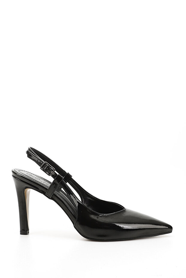 Women's Black Patent Leather Thin Heeled Open Back Shoes