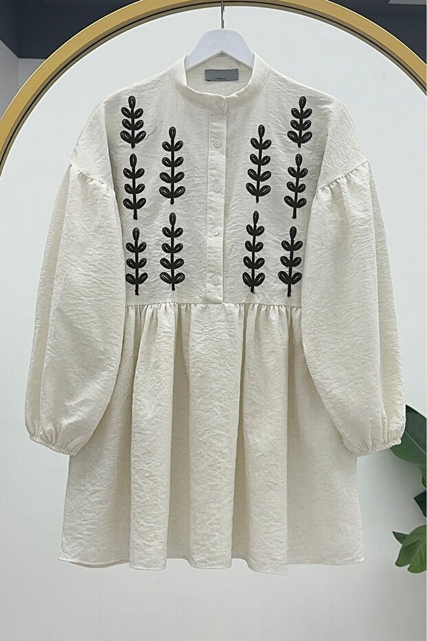 Punch Embroidered Half Button Linen Tunic -Ecru