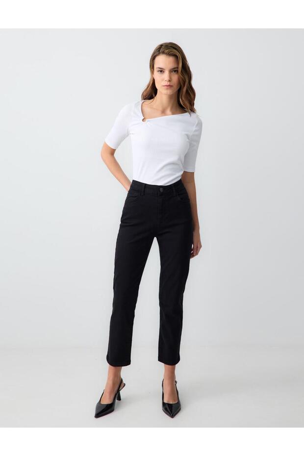 Black High Waist Regular Leg Denim Trousers